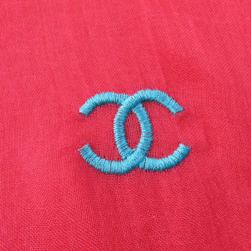 CHANEL Cashmere Blend Coco Mark Embroidered Fringed Large Scarf Shawl Red