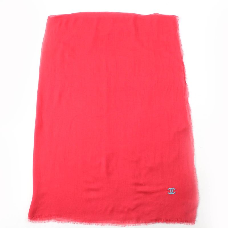 CHANEL Cashmere Blend Coco Mark Embroidered Fringed Large Scarf Shawl Red