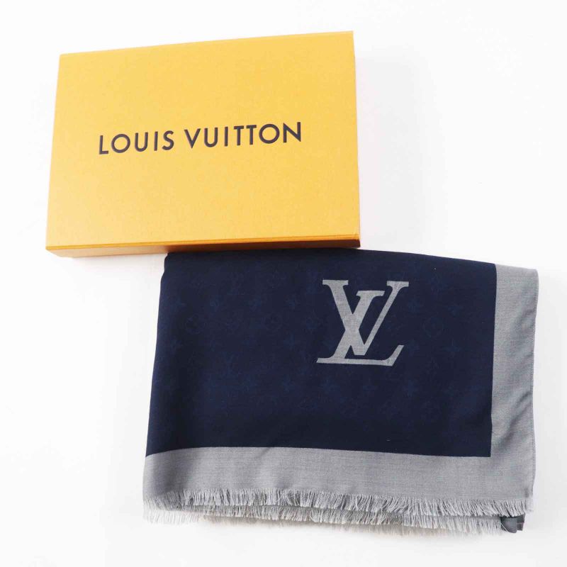 Louis Vuitton Mp1817 Wool Silk Monogram Patterned Scarf Navy Gray With Box Made