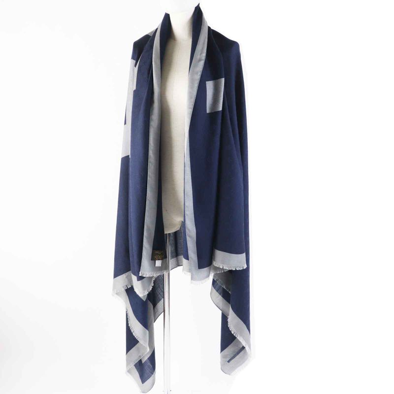 Louis Vuitton Mp1817 Wool Silk Monogram Patterned Scarf Navy Gray With Box Made