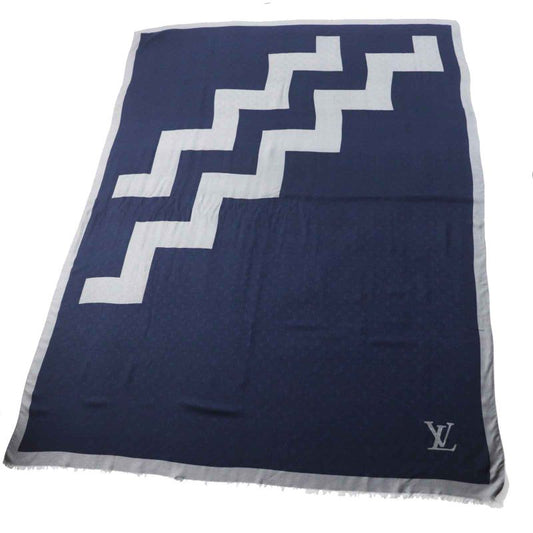 Louis Vuitton Mp1817 Wool Silk Monogram Patterned Scarf Navy Gray With Box Made