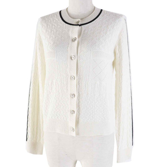 CHANEL P75662 Cashmere Bicolor Long Sleeve Knit Cardigan With Camellia Coco