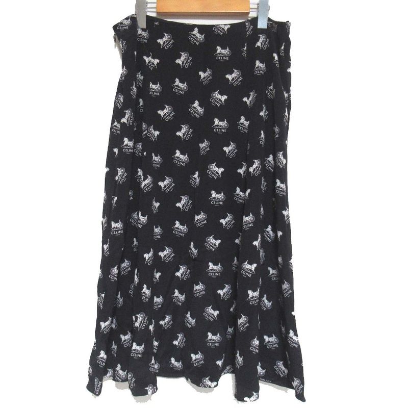 Celine Sulky Carriage Pattern Silk Flared Skirt Size 40 Black and White Women's