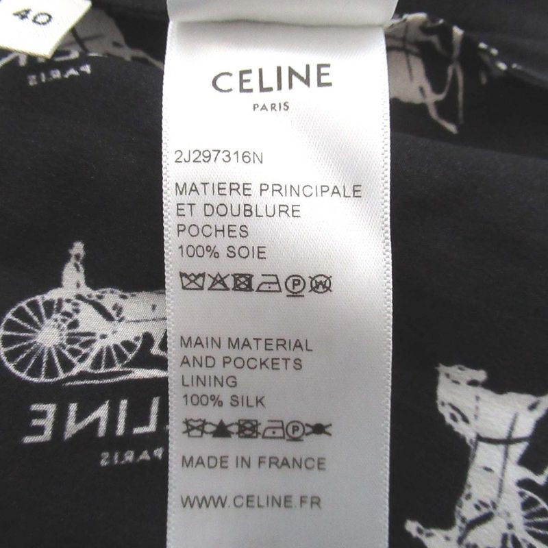 Celine Sulky Carriage Pattern Silk Flared Skirt Size 40 Black and White Women's