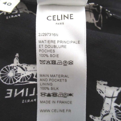 Celine Sulky Carriage Pattern Silk Flared Skirt Size 40 Black and White Women's
