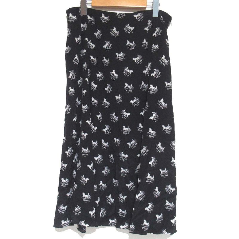 Celine Sulky Carriage Pattern Silk Flared Skirt Size 40 Black and White Women's