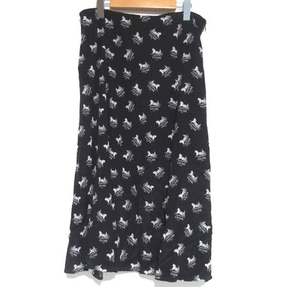 Celine Sulky Carriage Pattern Silk Flared Skirt Size 40 Black and White Women's
