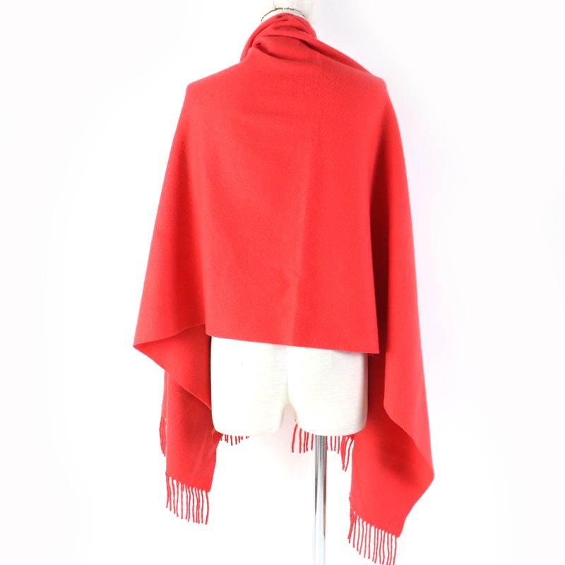 Hermes 100% Cashmere Logo Embroidered Fringed Large Shawl Red Women