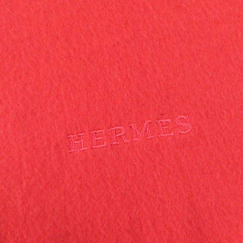 Hermes 100% Cashmere Logo Embroidered Fringed Large Shawl Red Women