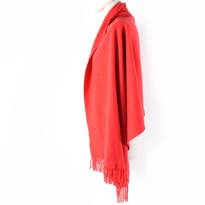Hermes 100% Cashmere Logo Embroidered Fringed Large Shawl Red Women