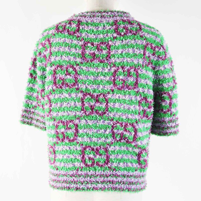 Gucci 695796 Giant GG Jacquard Short Sleeve Knit Pullover Purple Green M Made