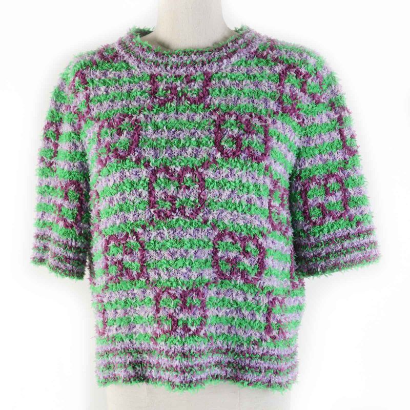 Gucci 695796 Giant GG Jacquard Short Sleeve Knit Pullover Purple Green M Made