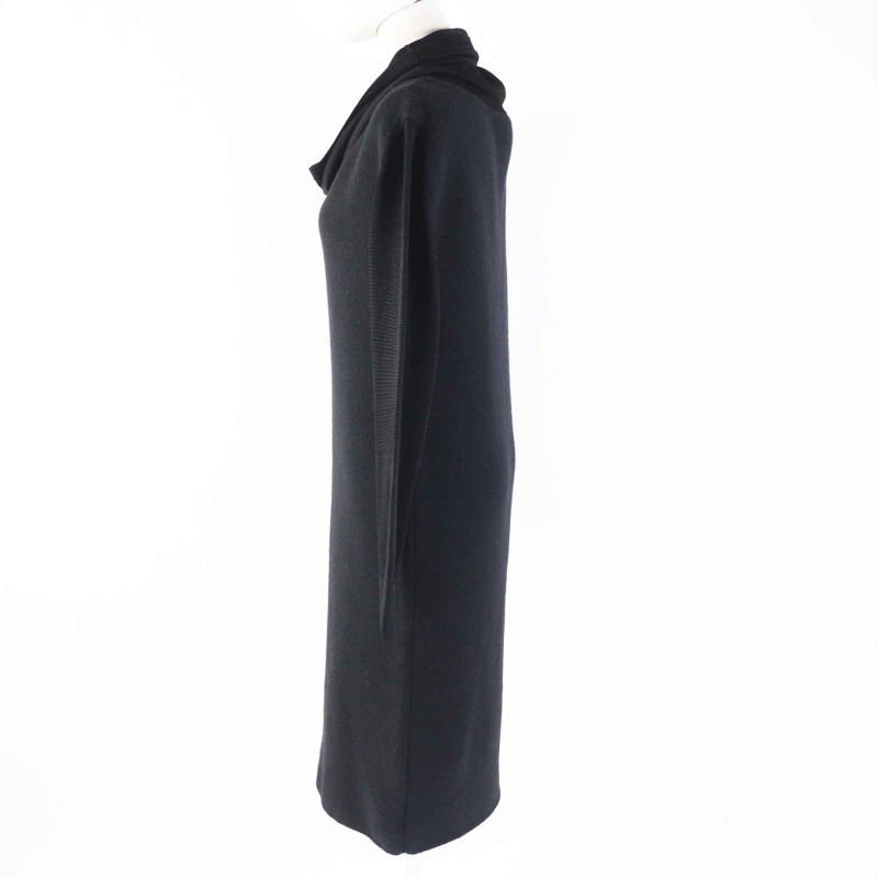 Hermes Camel Rayon Different Material Design Drape Collar Long Dress Black 38