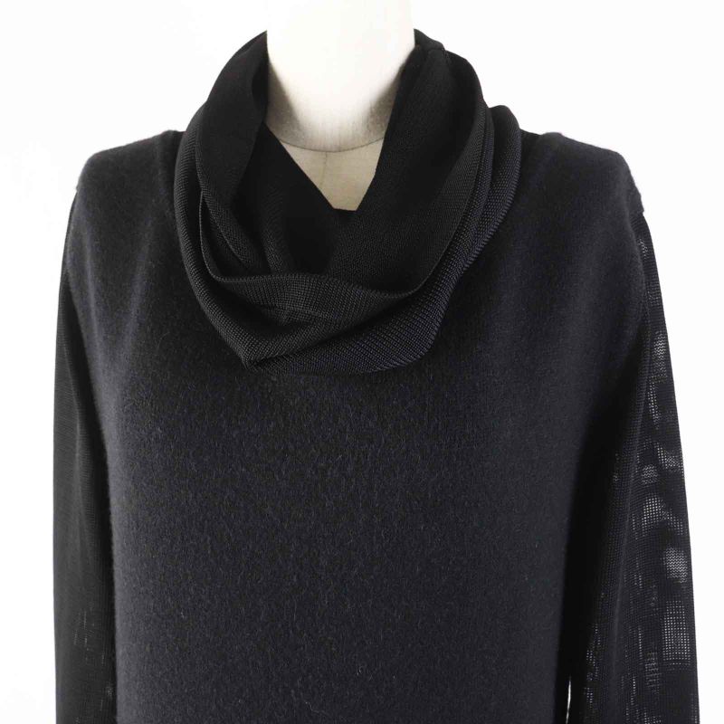 Hermes Camel Rayon Different Material Design Drape Collar Long Dress Black 38