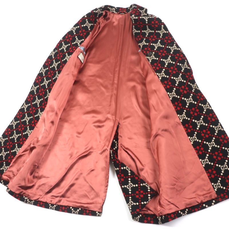 Gucci 535769 GG Diamond Wool Coat 100% Wool Long Double Chester Coat Black Red