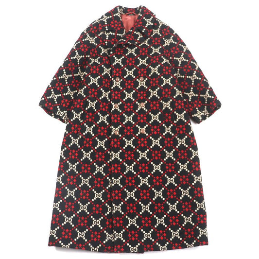 Gucci 535769 GG Diamond Wool Coat 100% Wool Long Double Chester Coat Black Red