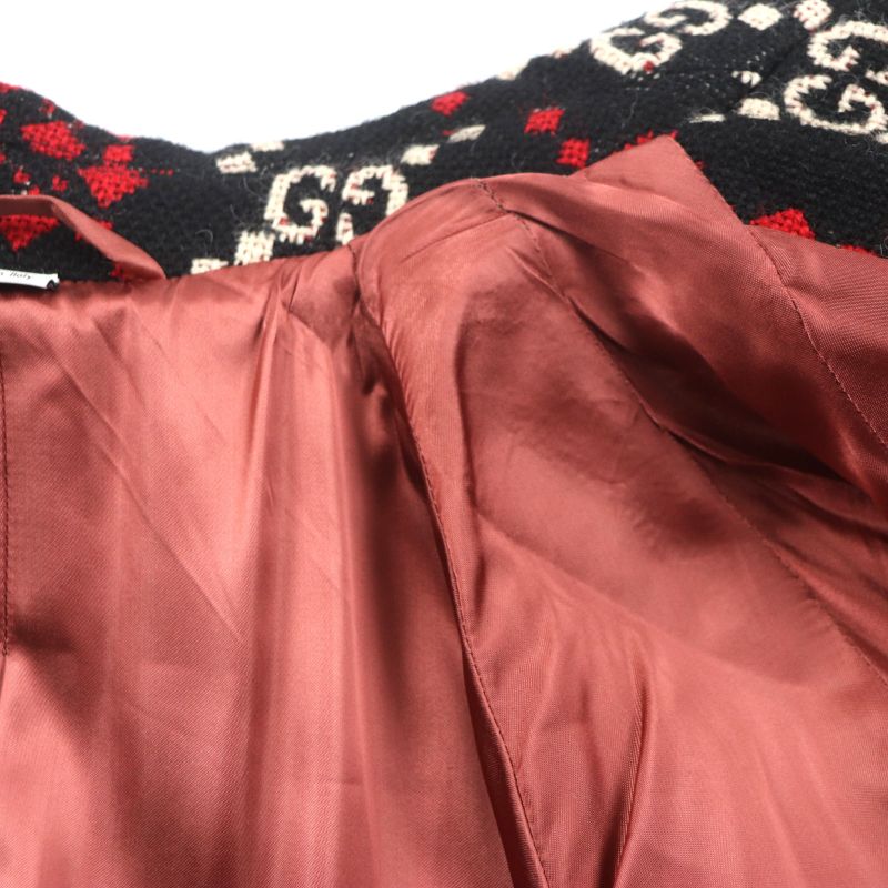 Gucci 535769 GG Diamond Wool Coat 100% Wool Long Double Chester Coat Black Red