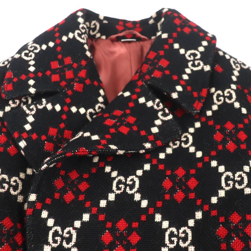 Gucci 535769 GG Diamond Wool Coat 100% Wool Long Double Chester Coat Black Red