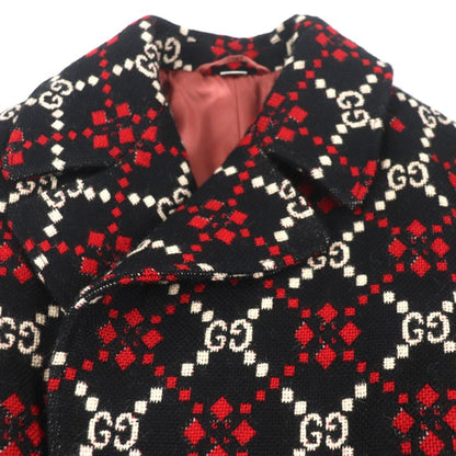 Gucci 535769 GG Diamond Wool Coat 100% Wool Long Double Chester Coat Black Red