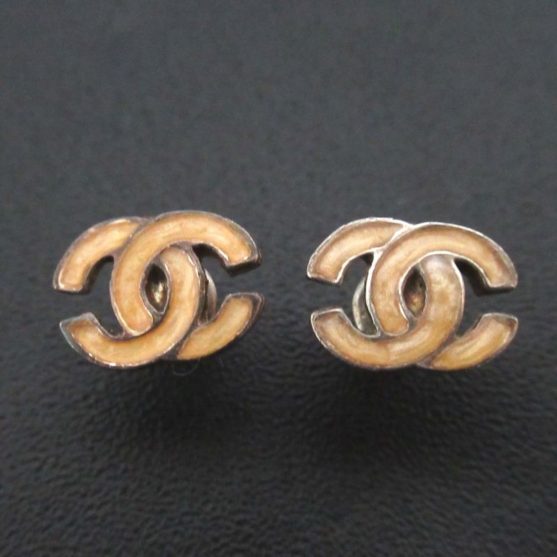 Good Chanel 00t Coco Mark Stud Earrings Silver Color X Pink Beige Ladies Used