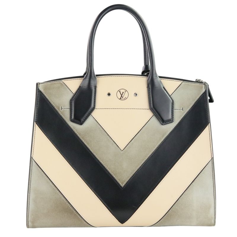 Louis Vuitton City Steamer MM V Stitch Leather Tote Bag Handbag Black Ladies