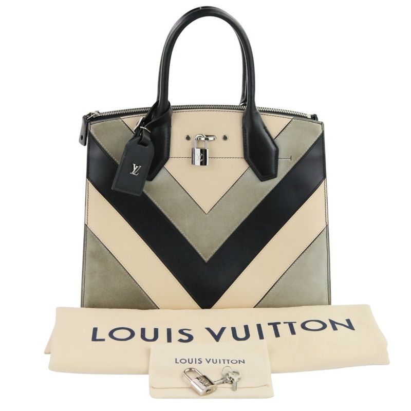 Louis Vuitton City Steamer MM V Stitch Leather Tote Bag Handbag Black Ladies