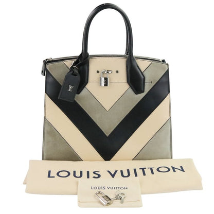 Louis Vuitton City Steamer MM V Stitch Leather Tote Bag Handbag Black Ladies