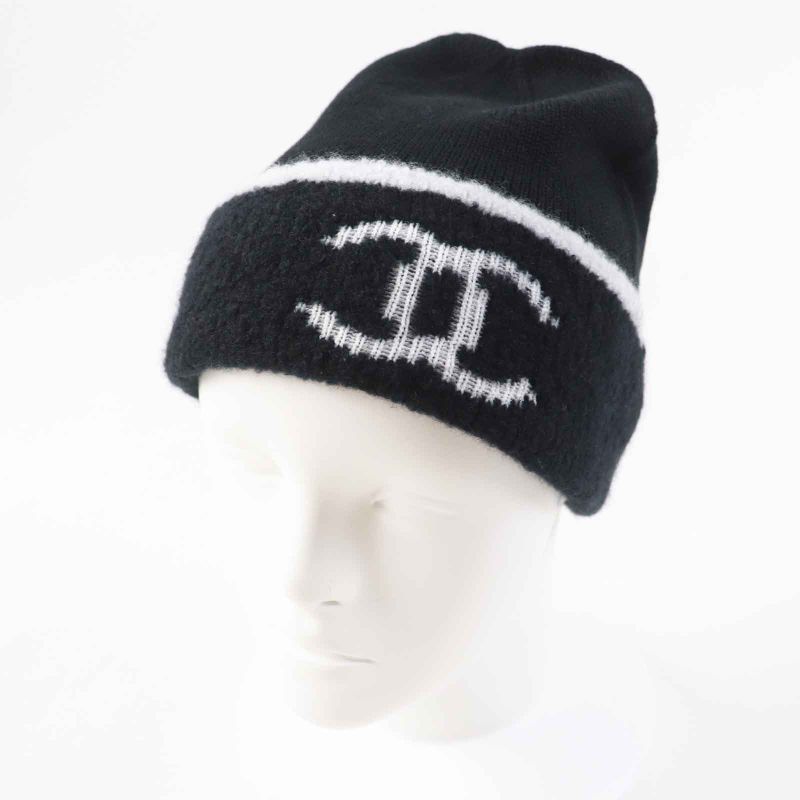 CHANEL Wool Cashmere Coco Mark Bicolor Knit Gloves / Knit Cap 2-piece Set Black