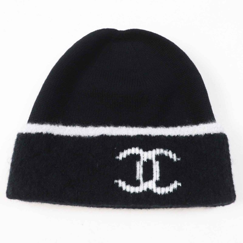 CHANEL Wool Cashmere Coco Mark Bicolor Knit Gloves / Knit Cap 2-piece Set Black