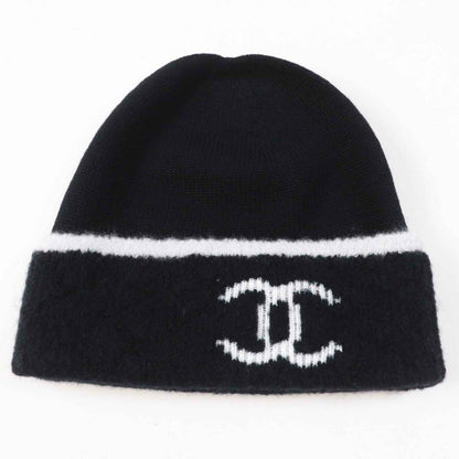 CHANEL Wool Cashmere Coco Mark Bicolor Knit Gloves / Knit Cap 2-piece Set Black