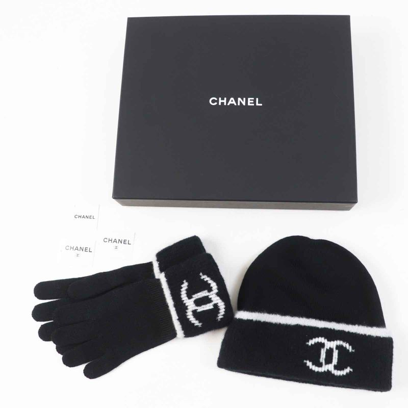 CHANEL Wool Cashmere Coco Mark Bicolor Knit Gloves / Knit Cap 2-piece Set Black