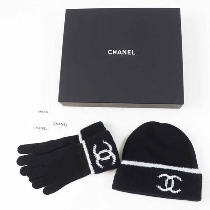CHANEL Wool Cashmere Coco Mark Bicolor Knit Gloves / Knit Cap 2-piece Set Black