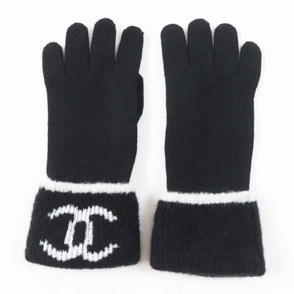 CHANEL Wool Cashmere Coco Mark Bicolor Knit Gloves / Knit Cap 2-piece Set Black