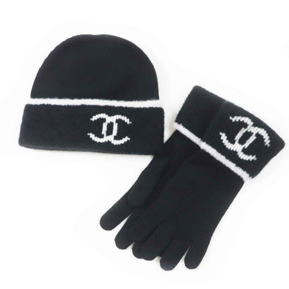 CHANEL Wool Cashmere Coco Mark Bicolor Knit Gloves / Knit Cap 2-piece Set Black