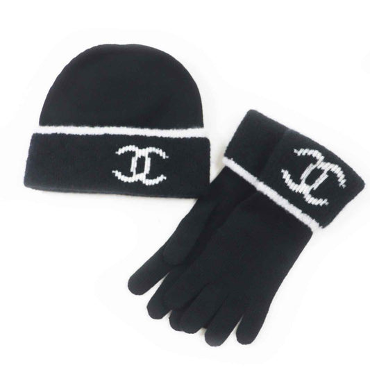 CHANEL Wool Cashmere Coco Mark Bicolor Knit Gloves / Knit Cap 2-piece Set Black