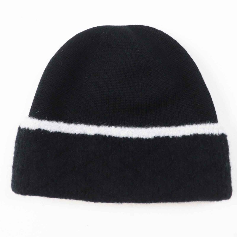 CHANEL Wool Cashmere Coco Mark Bicolor Knit Gloves / Knit Cap 2-piece Set Black