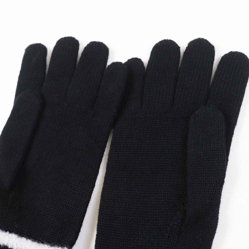 CHANEL Wool Cashmere Coco Mark Bicolor Knit Gloves / Knit Cap 2-piece Set Black