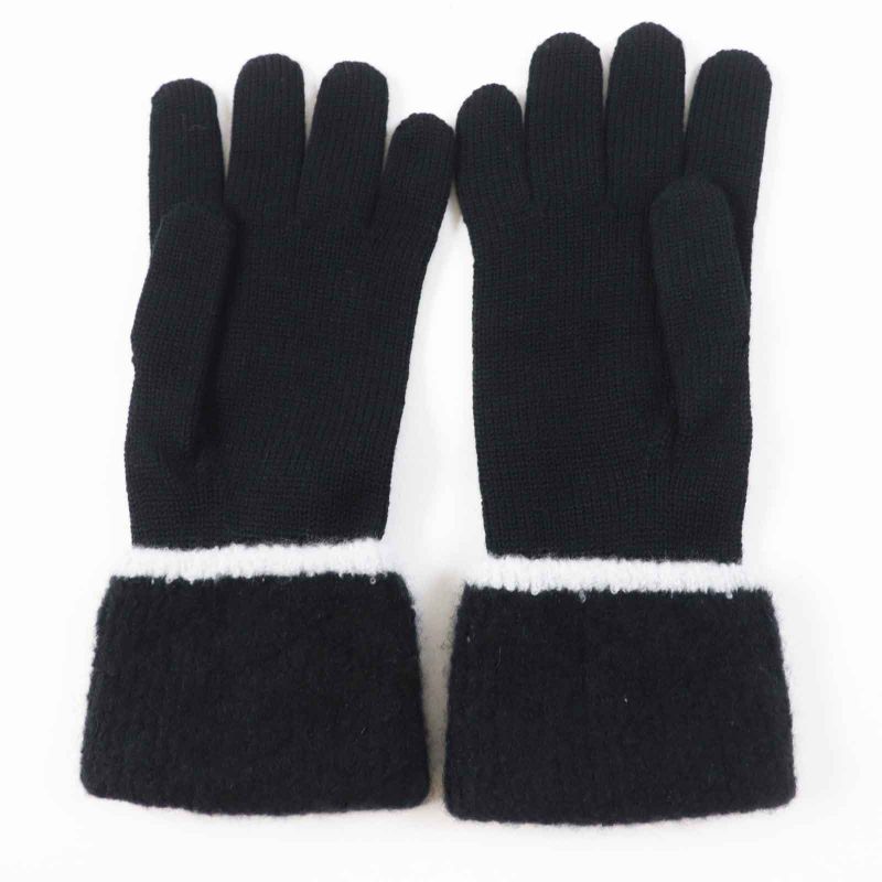 CHANEL Wool Cashmere Coco Mark Bicolor Knit Gloves / Knit Cap 2-piece Set Black