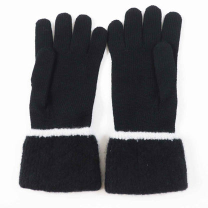 CHANEL Wool Cashmere Coco Mark Bicolor Knit Gloves / Knit Cap 2-piece Set Black