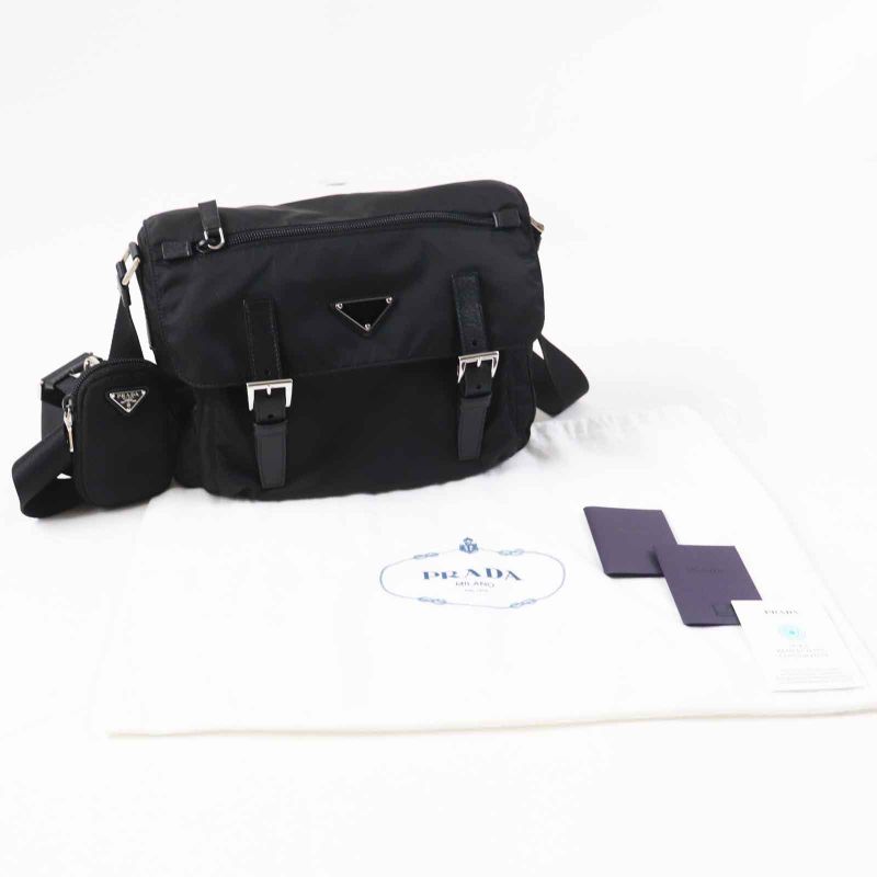 Prada 1bd953 Re-nylon Nylon Shoulder Bag With Triangle Plate Pouch Black Silver