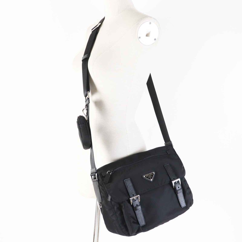 Prada 1bd953 Re-nylon Nylon Shoulder Bag With Triangle Plate Pouch Black Silver