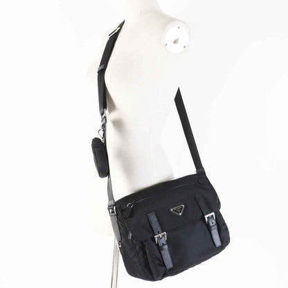 Prada 1bd953 Re-nylon Nylon Shoulder Bag With Triangle Plate Pouch Black Silver