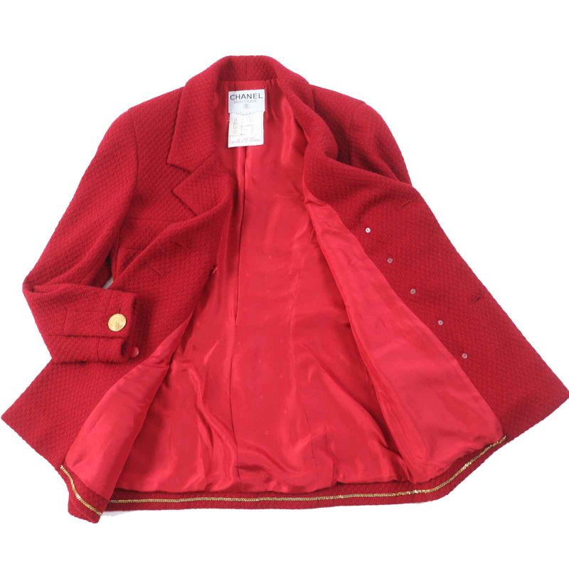 CHANEL 20450 Wool Gold Button Single Color Tweed Setup Red 38 With Hanger And