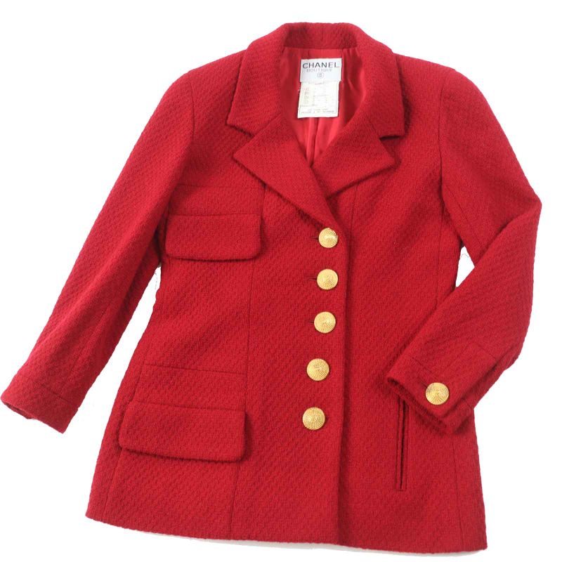 CHANEL 20450 Wool Gold Button Single Color Tweed Setup Red 38 With Hanger And
