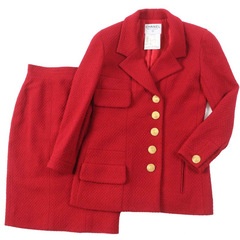 CHANEL 20450 Wool Gold Button Single Color Tweed Setup Red 38 With Hanger And
