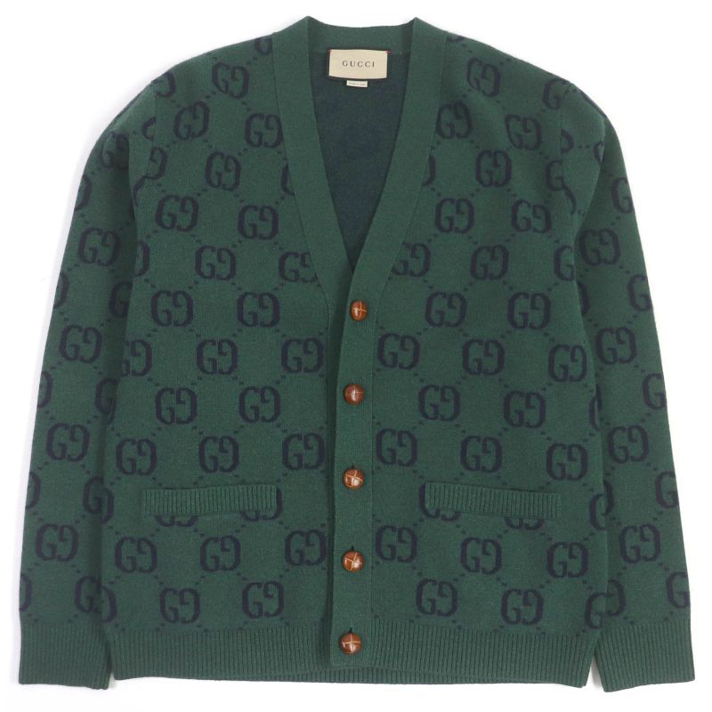 Gucci 678939 Wool GG Jacquard Walnut Button Knit Sweater Cardigan Green XS Made