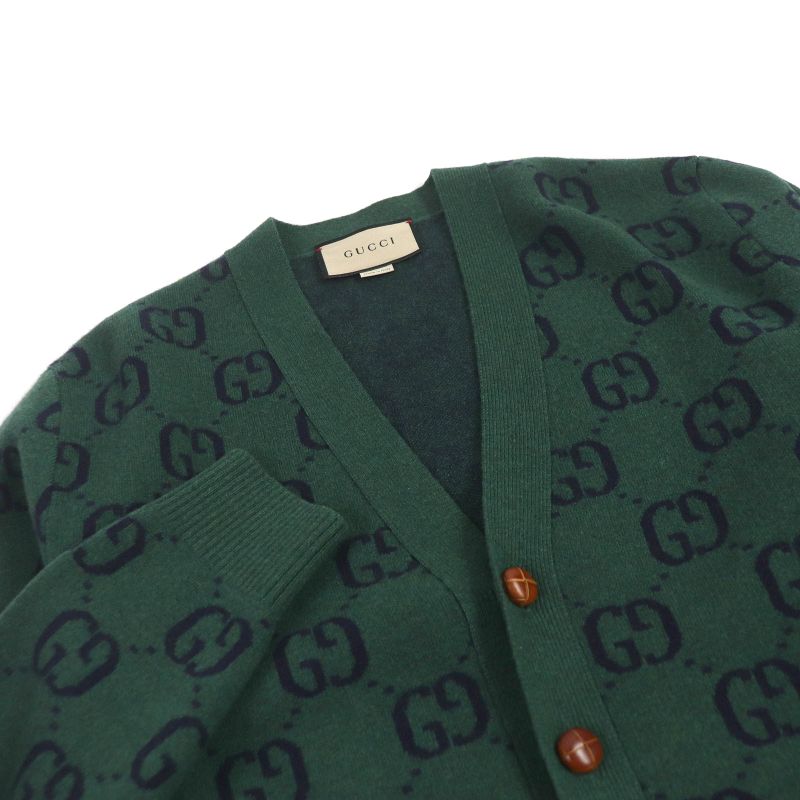 Gucci 678939 Wool GG Jacquard Walnut Button Knit Sweater Cardigan Green XS Made
