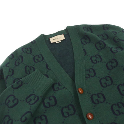 Gucci 678939 Wool GG Jacquard Walnut Button Knit Sweater Cardigan Green XS Made