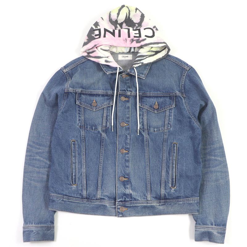 Celine 2q660930f Cotton Union Wash Hooded Denim Jacket Indigo Blue M Made In