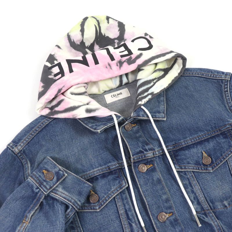 Celine 2q660930f Cotton Union Wash Hooded Denim Jacket Indigo Blue M Made In